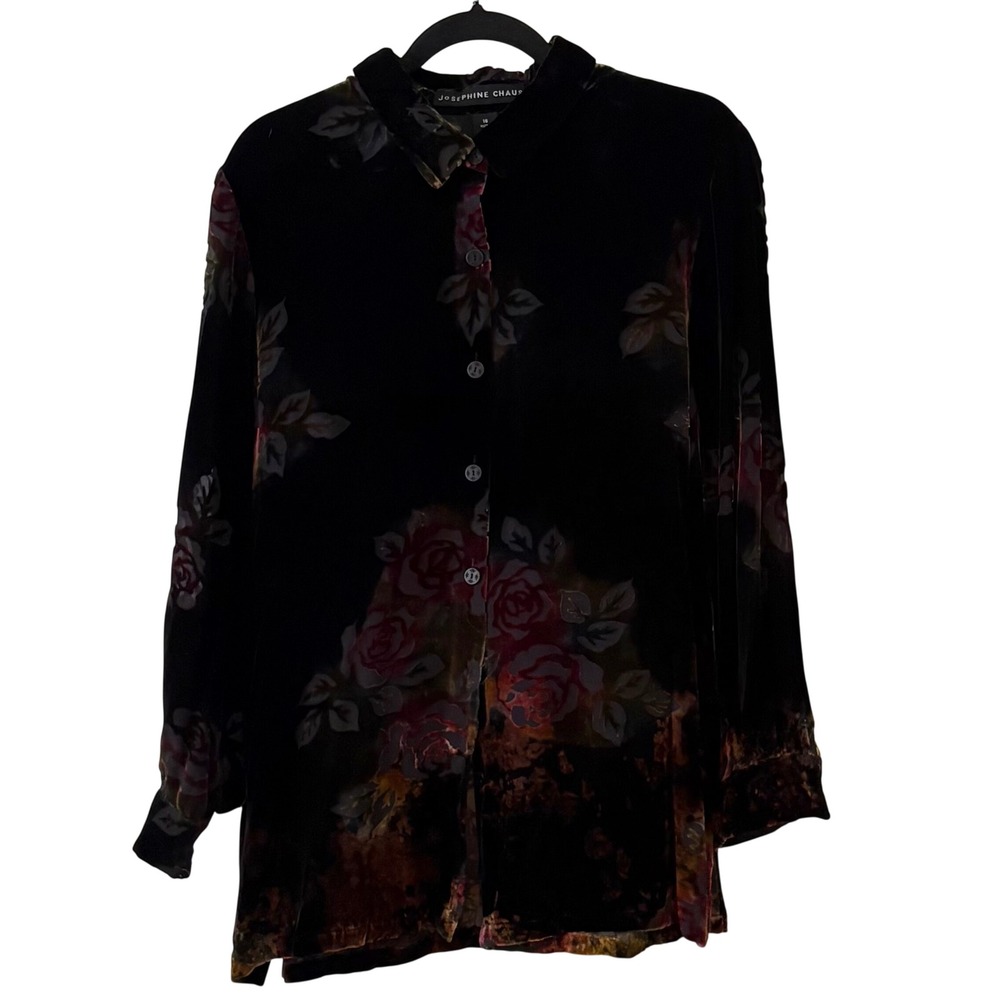 Josephine Chaus Dark Floral Burnout Silk Blend Velvet Button Front Shirt Size 16